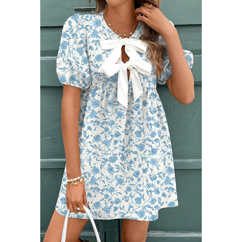 Summer Floral Print Bow Dress