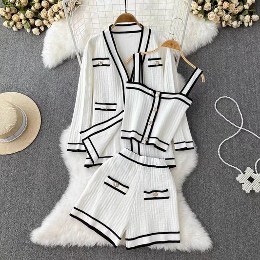 Contrast Elegant Socialite V-neck Knitted Cardigan Suit