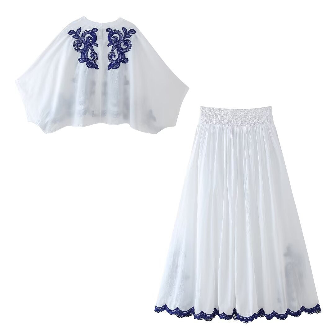 Solid Embroidery Shirt Skirt Suit