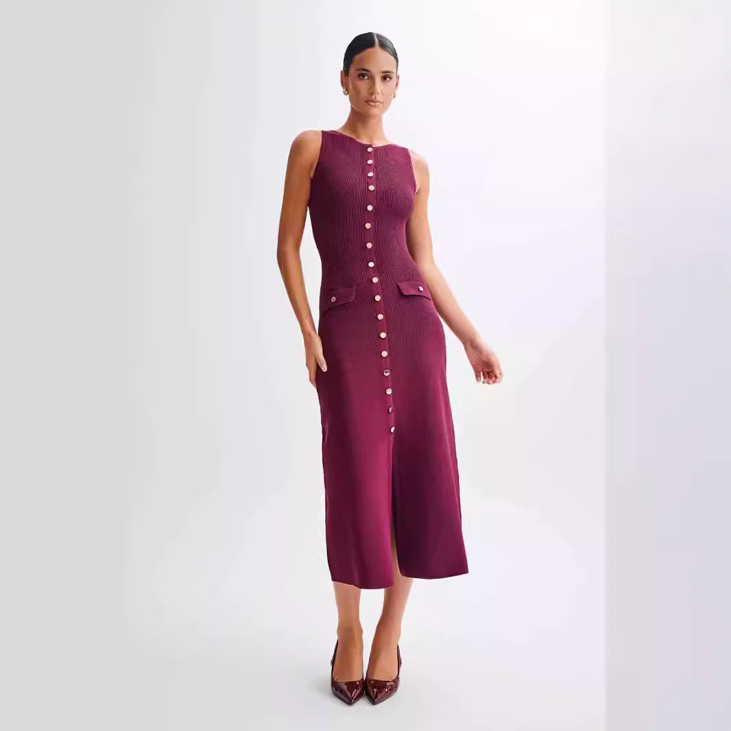 Knitted Elegant Sleeveless Button Long Dress