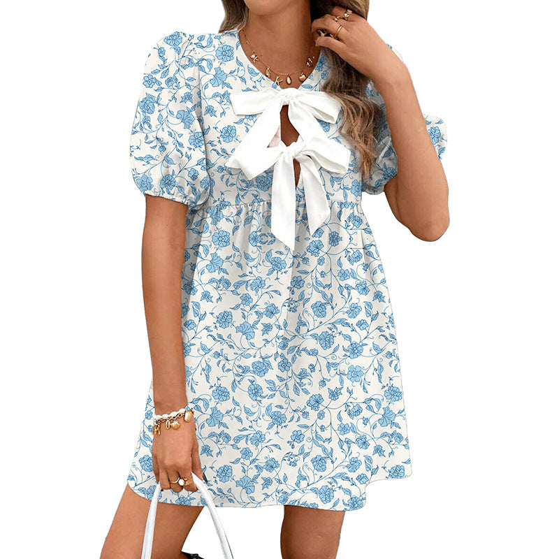 Summer Floral Print Bow Dress