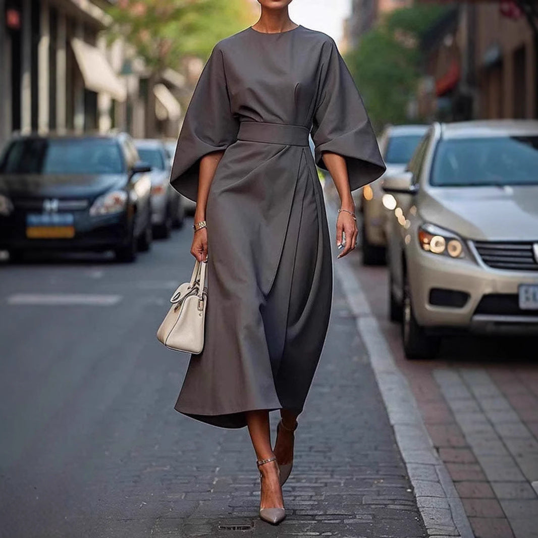 Waist-tighted Solid Color Elegant Dress