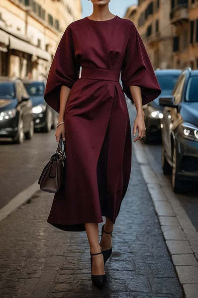 Waist-tighted Solid Color Elegant Dress
