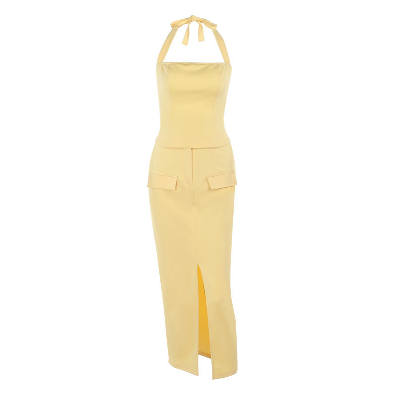 Simple Halter Top Split Skirt Suit