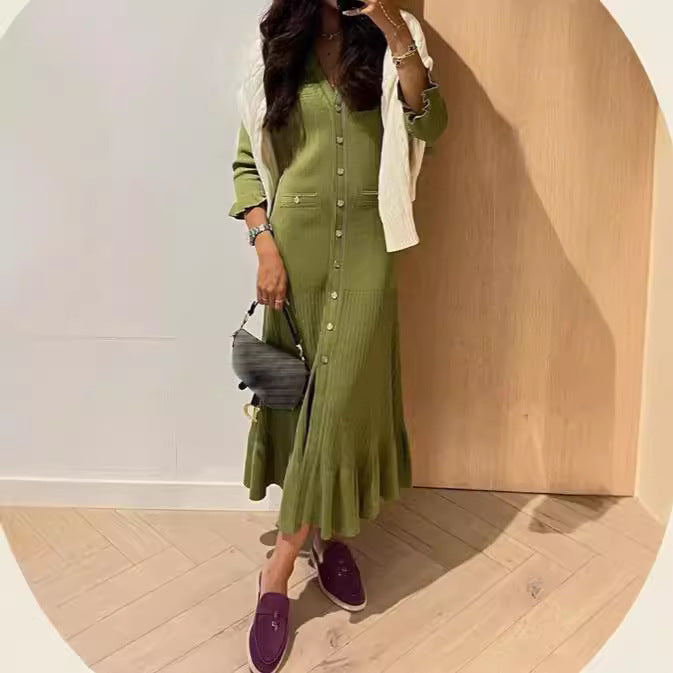 French Style Elegant V-neck Ruffle Sleeve Mid-length Knitted Dress
