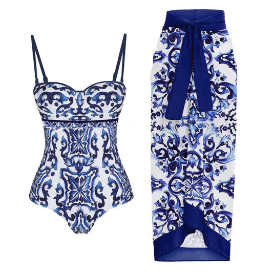 One-piece Blue And White Porcelain Printed Swimsuit Suit For Women