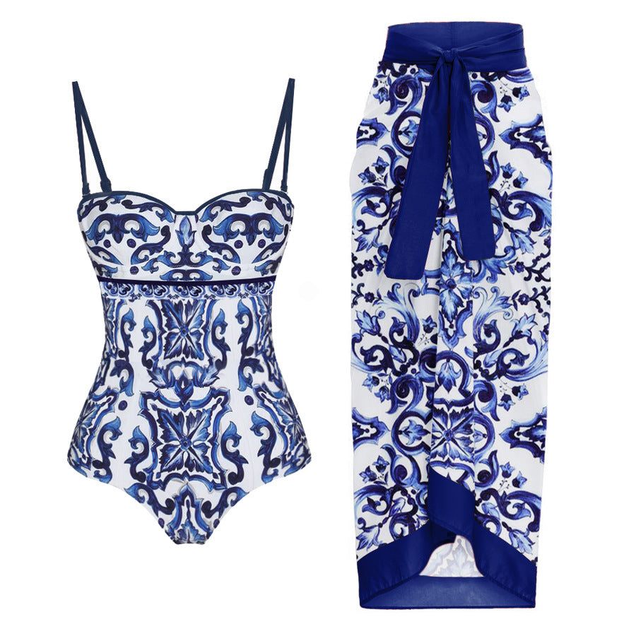 Blue and white porcelain printed one-piece swimsuit for women by M Chic Boutique, featuring a stylish design and flattering fit.