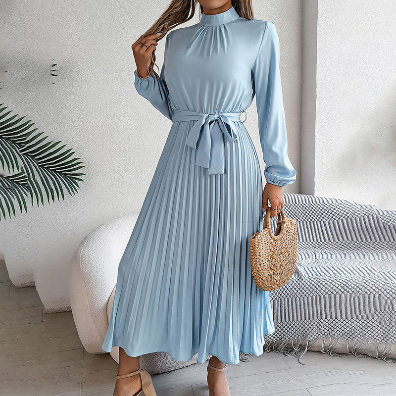 High Neck Long Sleeve Pleated Maxi Dress