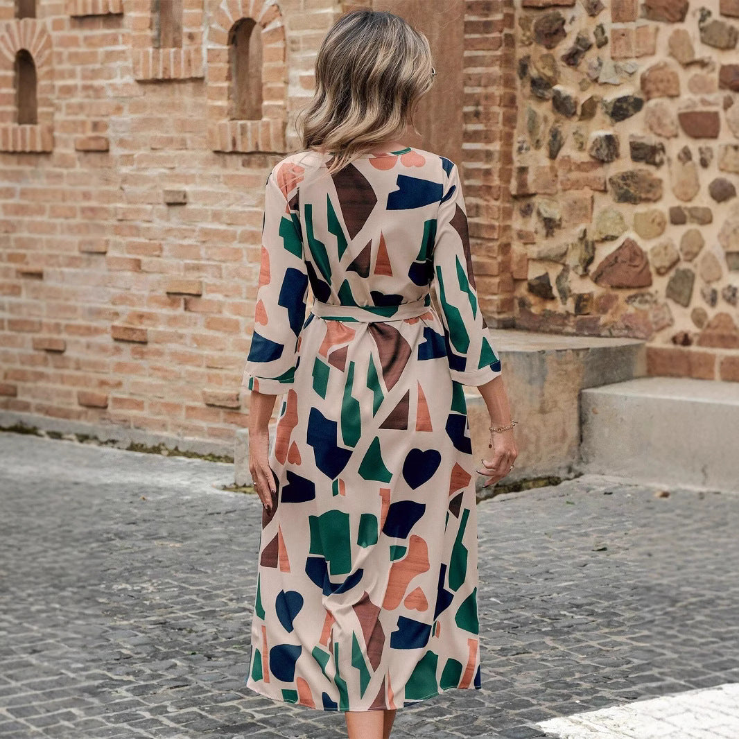V-neck Printed Belt Dress