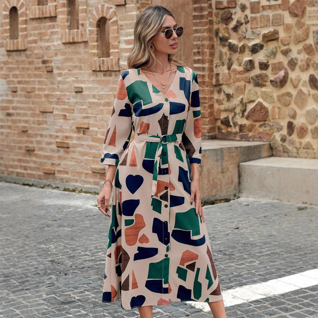 V-neck Printed Belt Dress