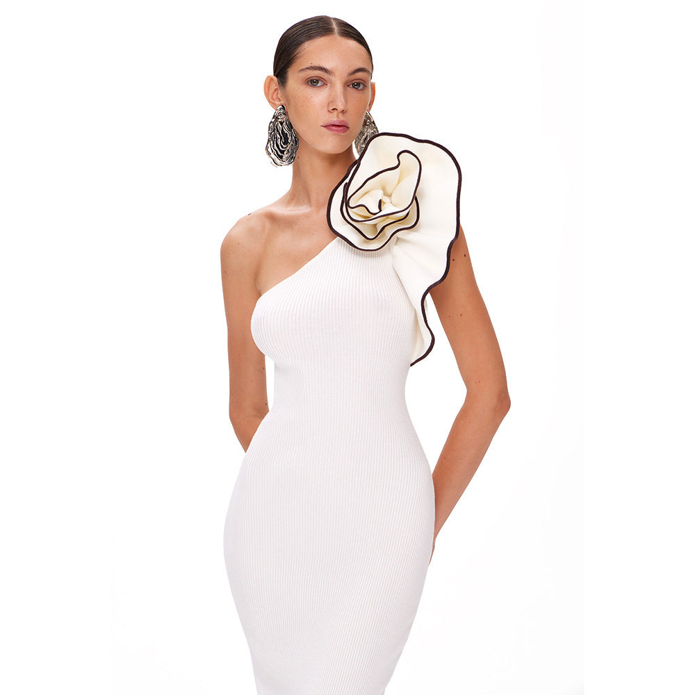 White One-shoulder Flower Long Dress