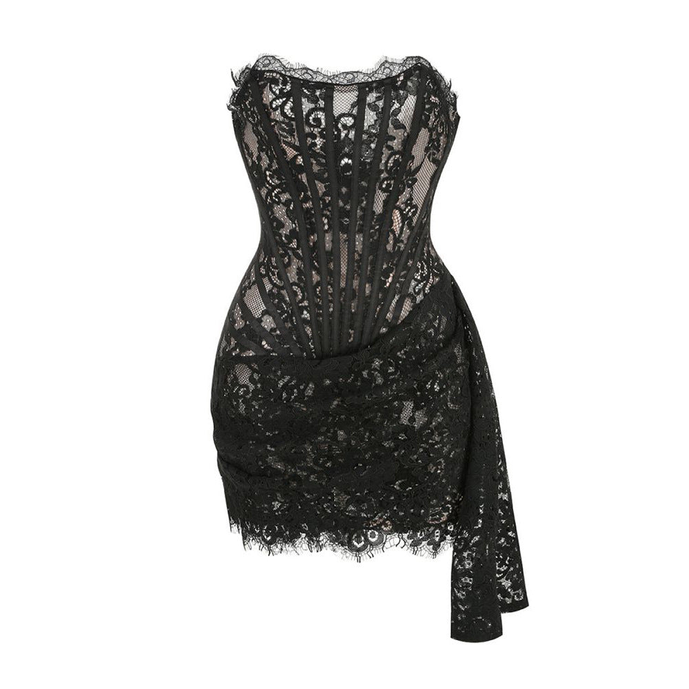 Lace waist tube top dress in light fabric, featuring a fitted bodice and flowing skirt, by M Chic Boutique.