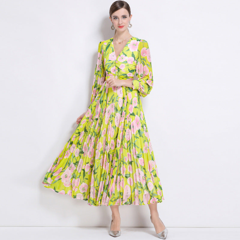 French Style Floral Slim-fitting Pleated Floral Skirt