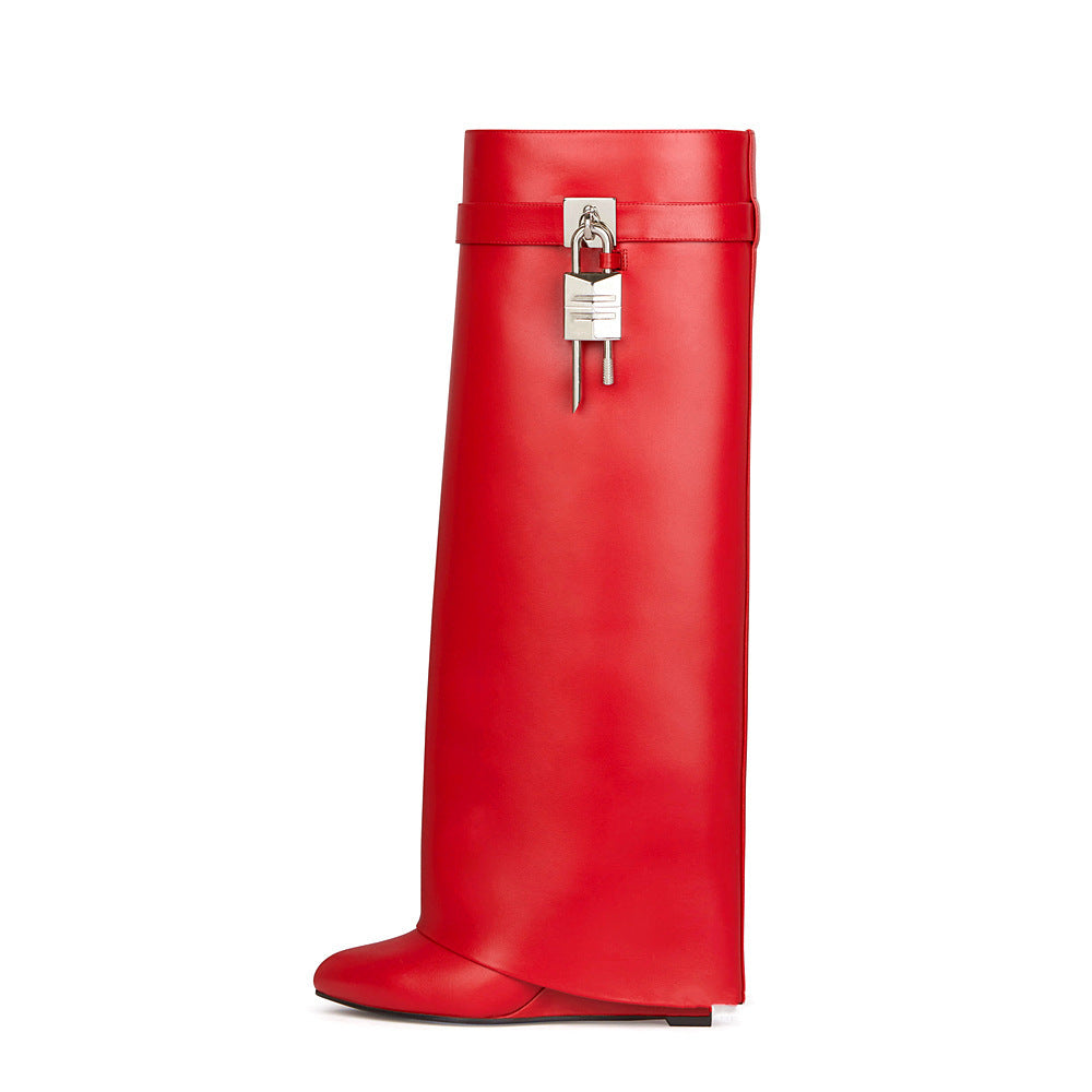 M Chic Boutique Lock Wedge Boots, stylish black shoes with chunky wedge heel and ankle support, on a white background.