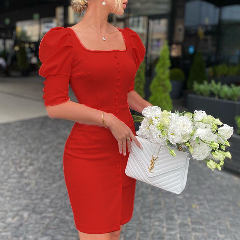 Square-neck Bubble Sleeve Dress