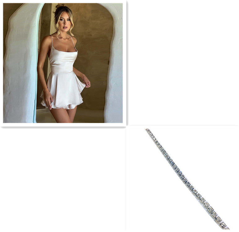 Elegant satin backless lace-up short dress from M Chic Boutique, featuring a sleek design and smooth satin fabric.