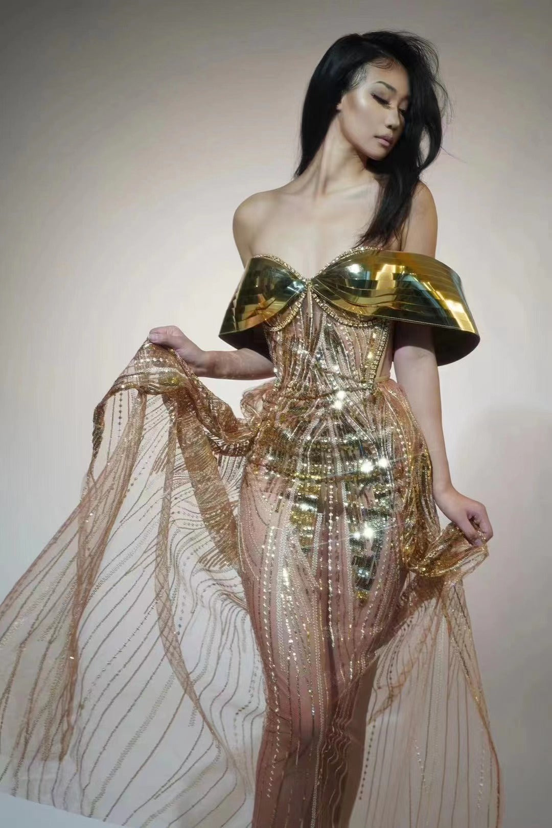 Gold Strapless Sequined Split Dress