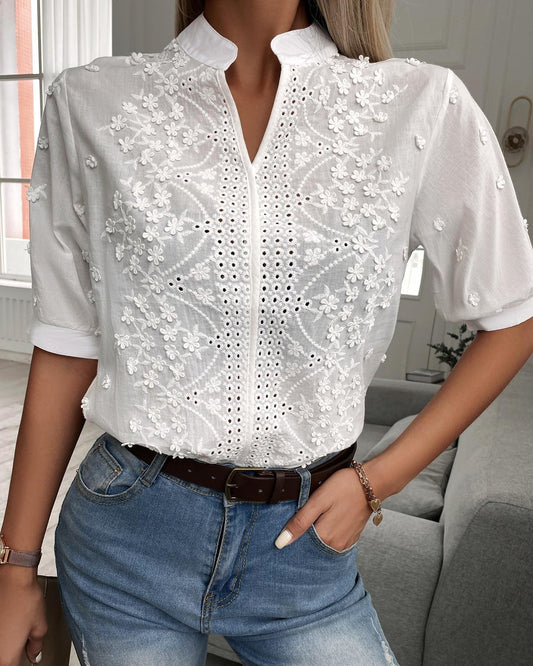 V-neck Stand Collar Embroidery Lace Blouse