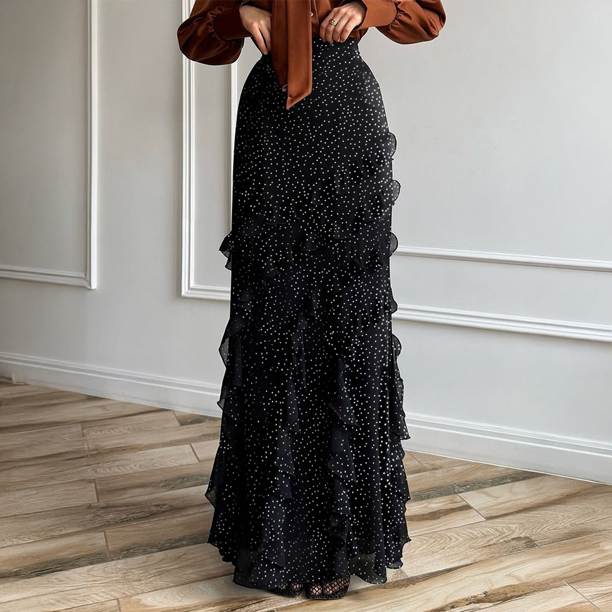 Polka-dot lace long skirt by M Chic Boutique, featuring a flowing design and delicate lace detailing.