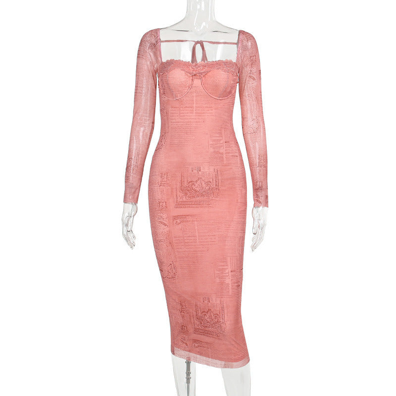 Square-neck Lace Stitching Dress