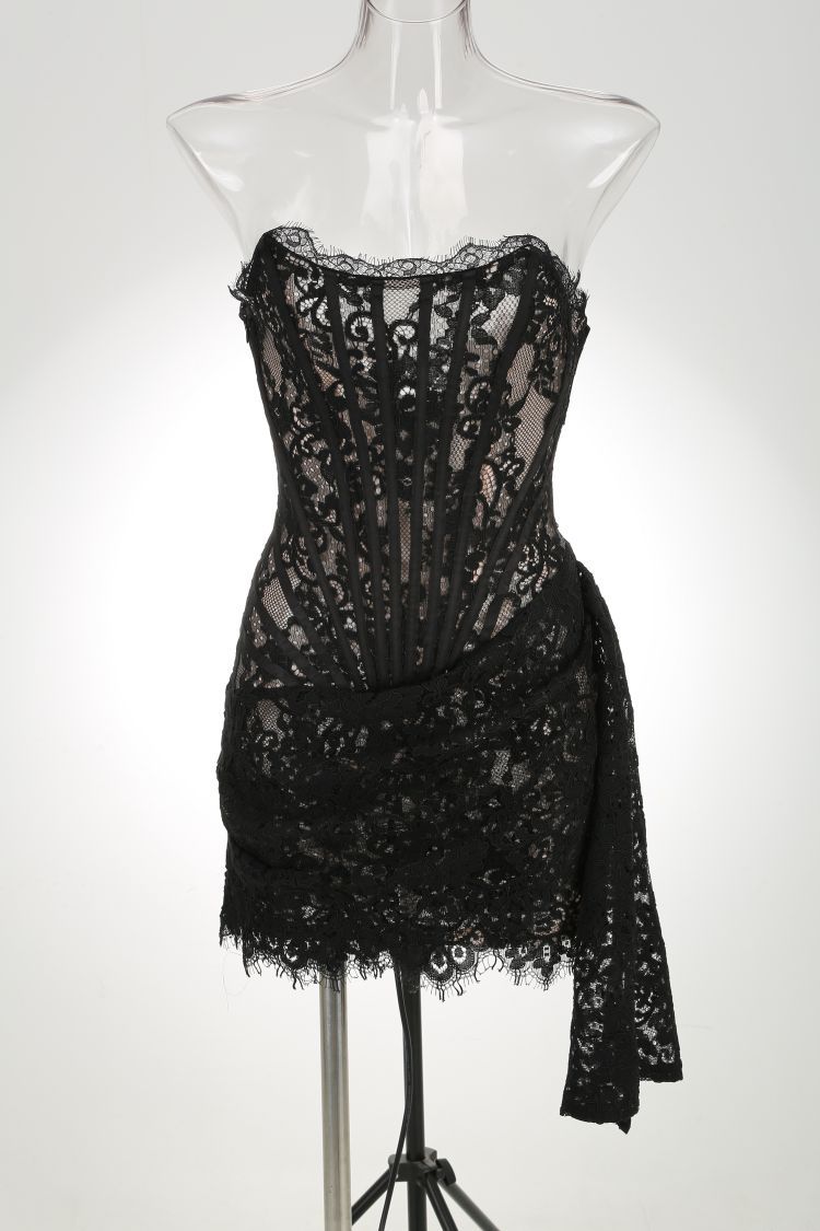 Lace waist tube top dress in soft fabric, featuring a fitted bodice and flowing skirt from M Chic Boutique.