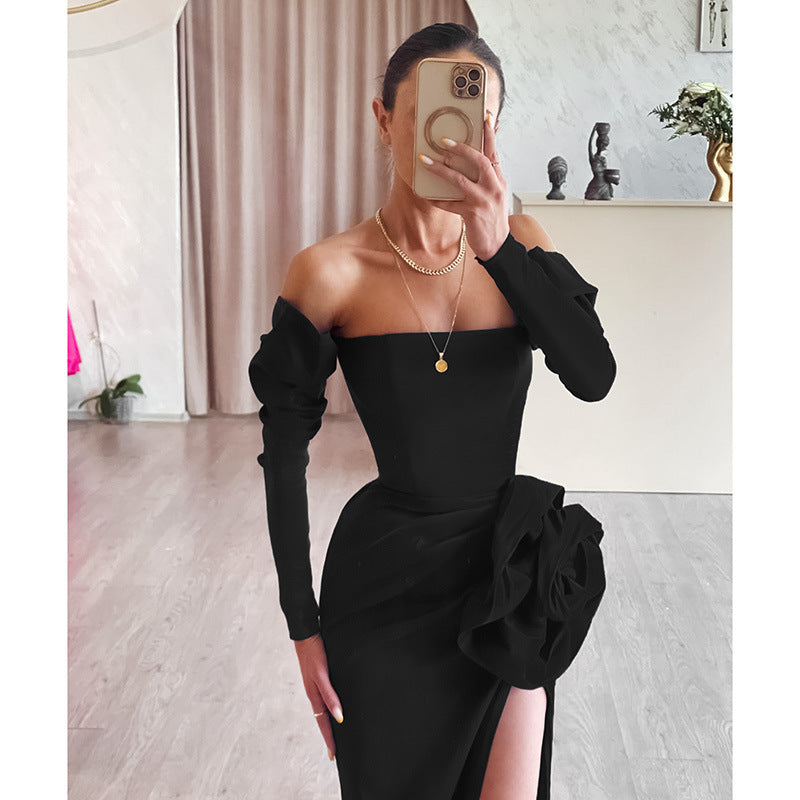 Large Flower Slim Fit Slit Dress