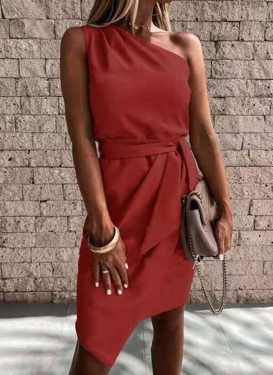 Solid Color Sleeveless Shoulder Dress