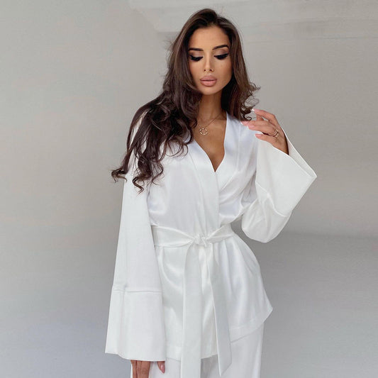 Ice Silk Robe Blouse And Pants Pajamas