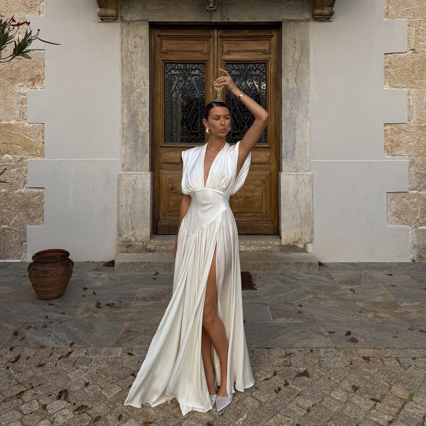 V-neck Cinched-waist Slit Maxi Dress - M Chic Boutique