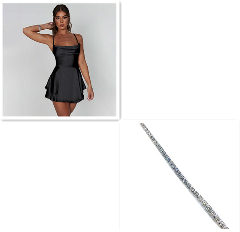 Elegant satin backless short dress with lace-up design by M Chic Boutique, featuring a sleek and stylish look.