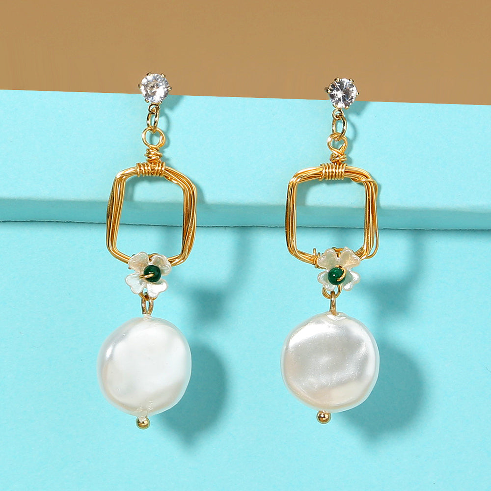Long geometric baroque pearl earrings