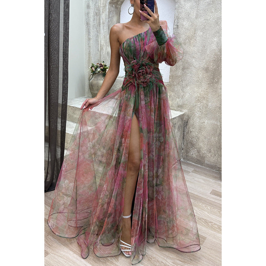 Mesh Tie-dye Off-shoulder Slit Dress