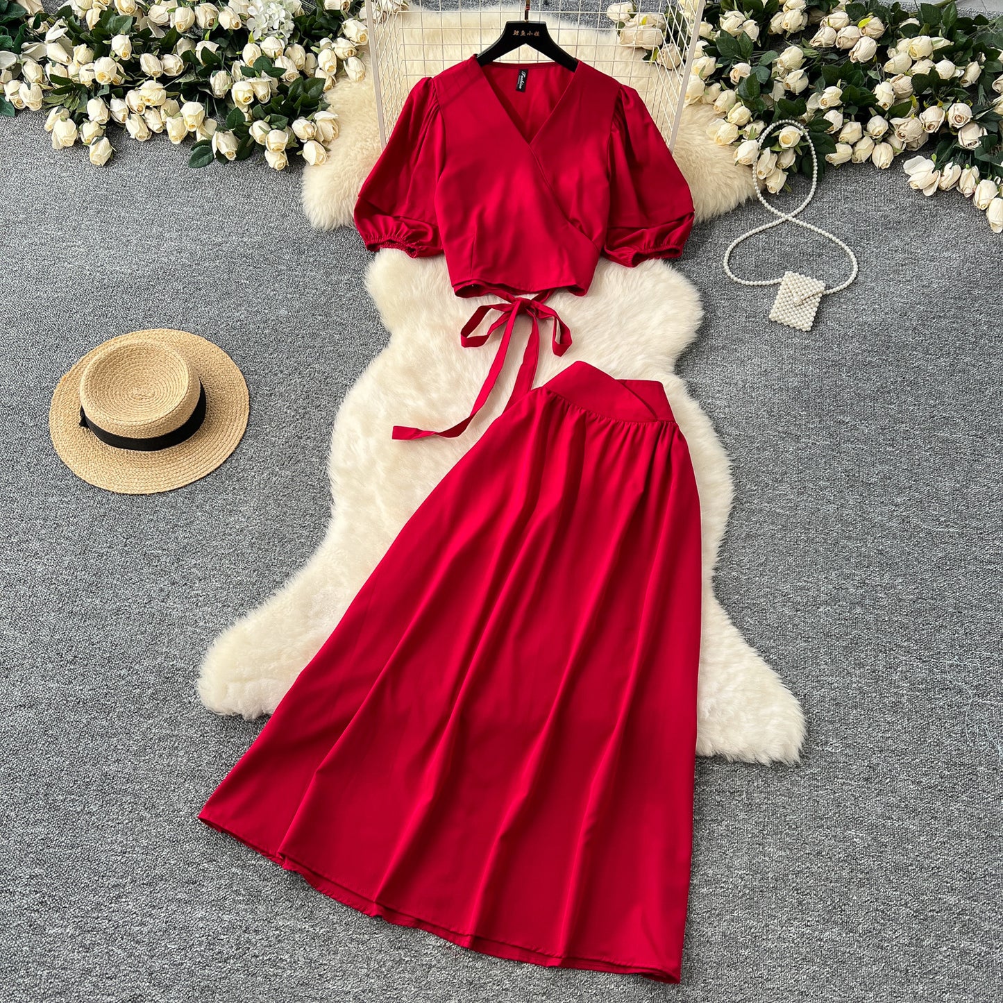 V-neck Puffed-sleeve Shirt Skirt Set