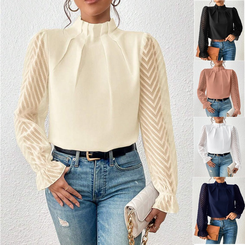 Half-turtleneck Stitching Wavy Chiffon Top