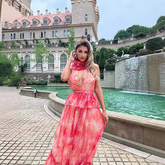 Sleeveless Halter Floral Dress