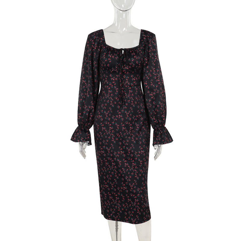 Long Sleeve Floral Tied Slim Fit Dress