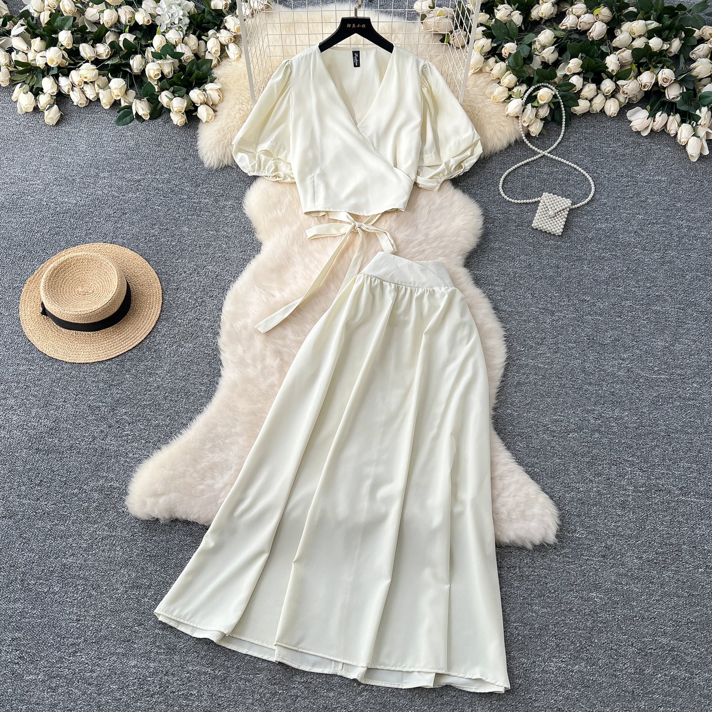 V-neck Puffed-sleeve Shirt Skirt Set