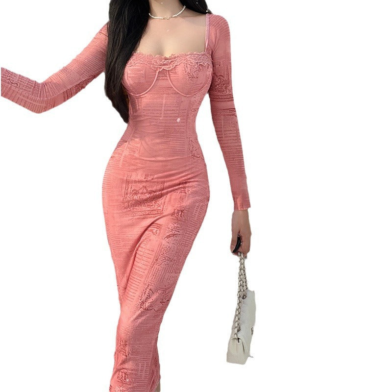 Square-neck Lace Stitching Dress