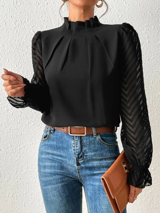 Half-turtleneck Stitching Wavy Chiffon Top