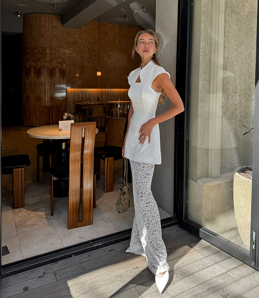 Two-piece Set- Irregular Strapless Top And White Lace Skirt