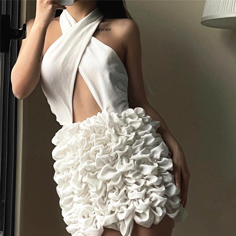 Solid Cross Neck Backless Flower Dress