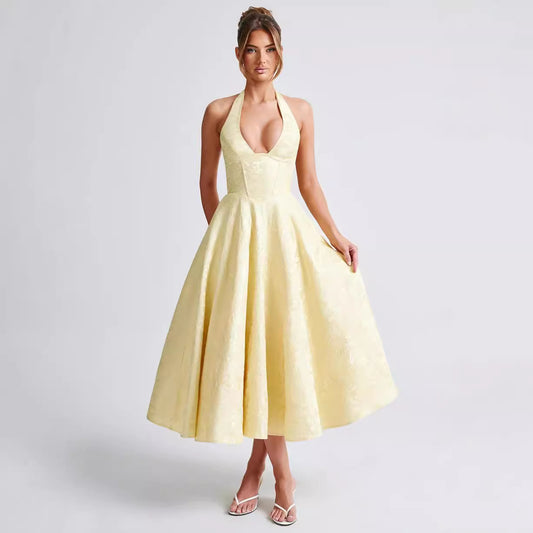 V-neck Halter Sleeveless Jacquard Lace-up Dress