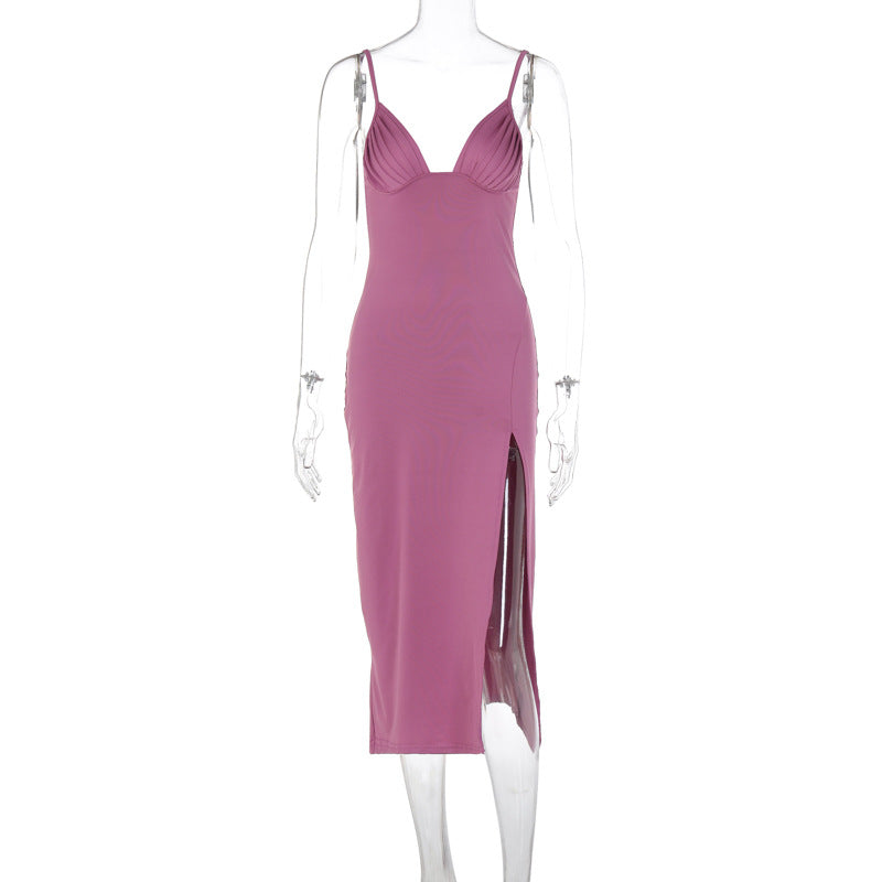 M Chic Boutique spaghetti strap dress with a stylish split design, featuring a fitted bodice and flowing skirt, perfect for summer wear.