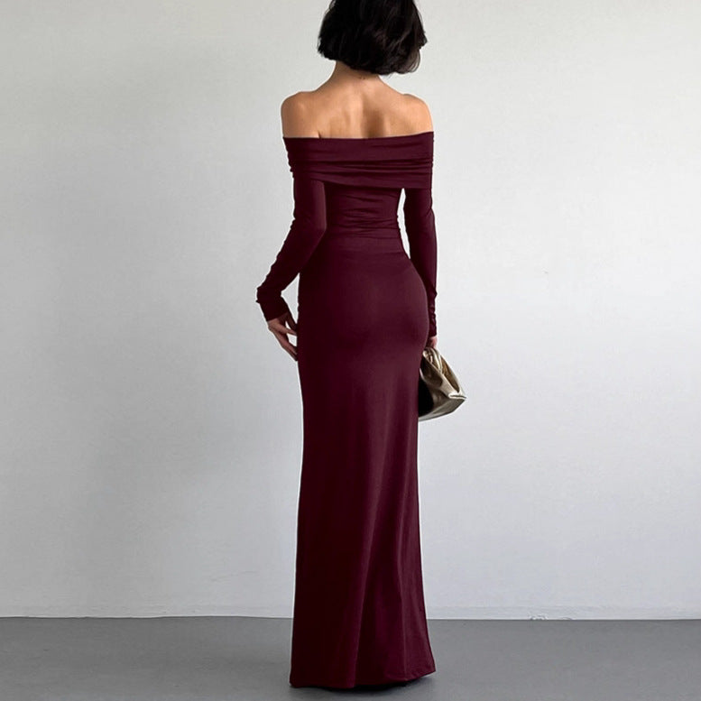 Off-the-shoulder sheath dress in elegant fabric by M Chic Boutique, featuring a fitted silhouette and stylish neckline.