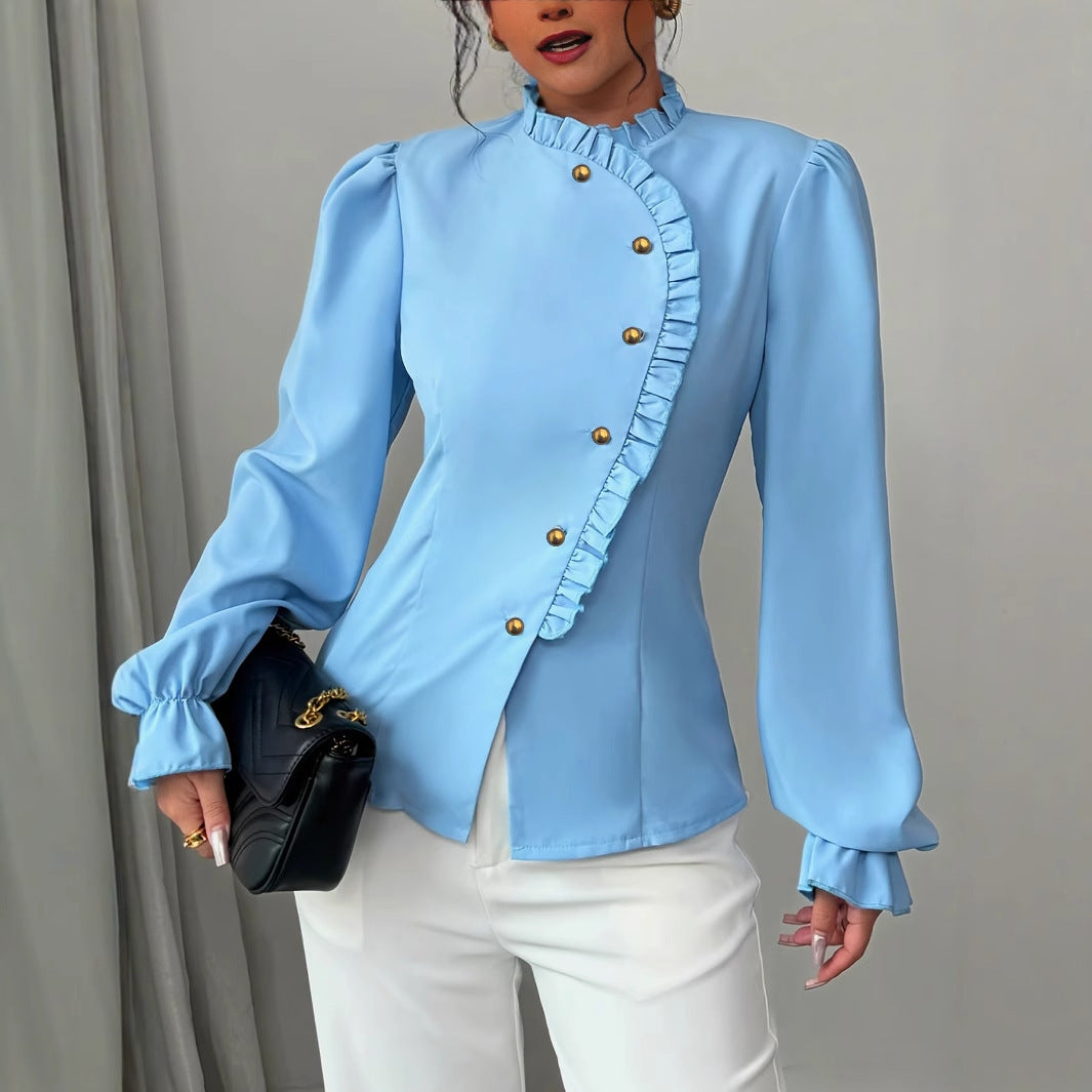 Women's Elegant French Asymmetrical Button-down Long Sleeve Blouse