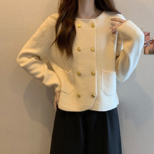 Double Breasted Round Neck Knitted Cardigan
