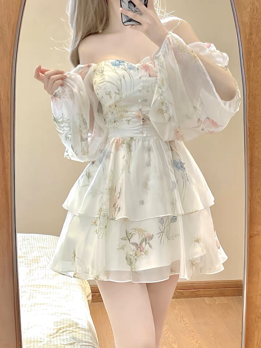 Waist-tight French Style Long Sleeve Floral Dress