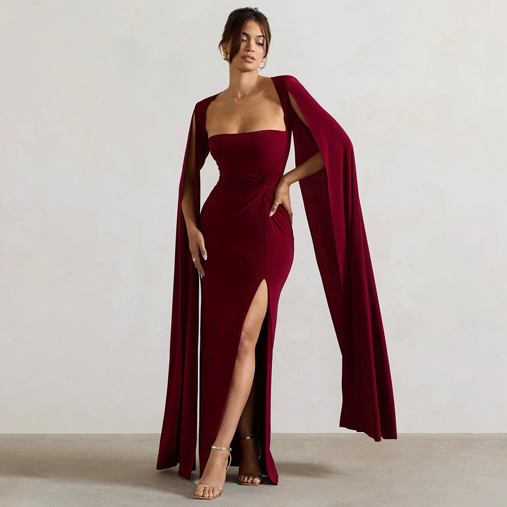 Long Sleeve High Slit Solid Color Dress