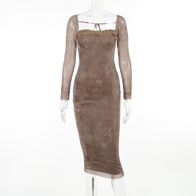 Square-neck Lace Stitching Dress