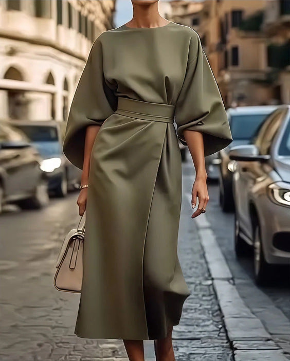 Waist-tighted Solid Color Elegant Dress